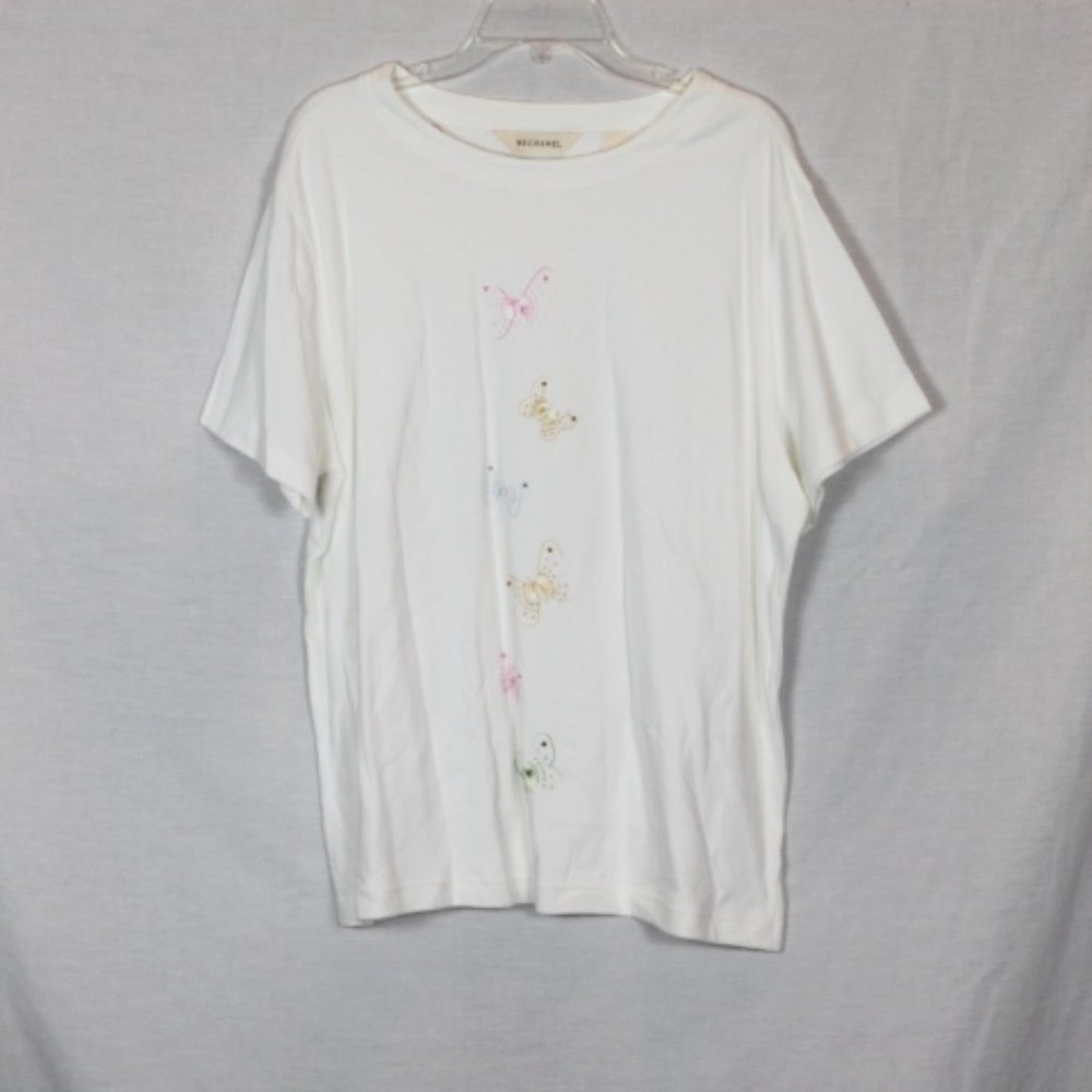 Bechamel White Women's Short Sleeve Top Shirt Butterfly Embellished Size XL 007